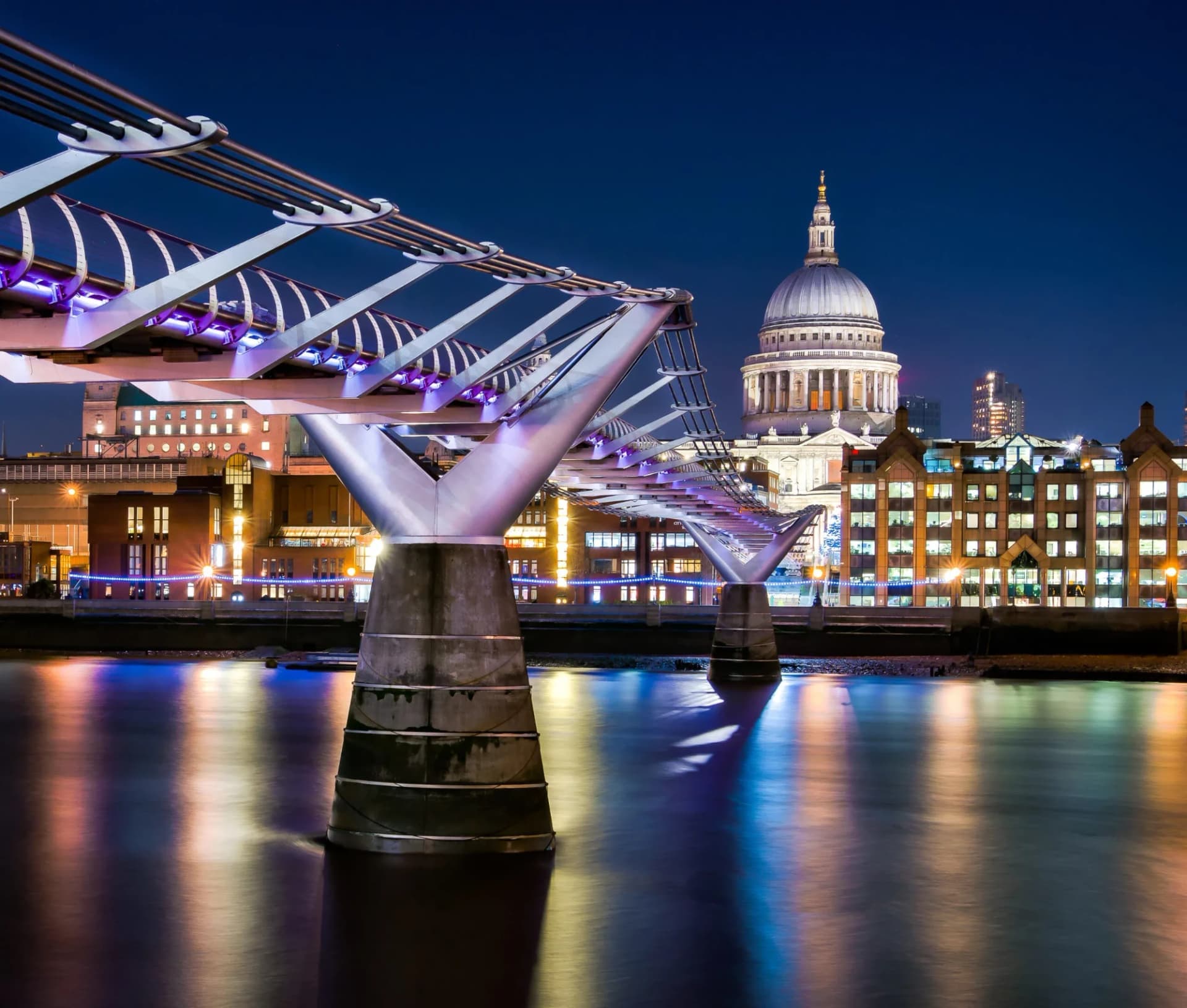 Millennium Bridge leading to St Paul's Cathedral at night